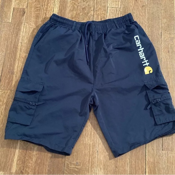 Carhartt Navy Multi Pocket Drawstring Shorts- L Cargo Pockets Carhart Spell Out - Picture 3 of 3